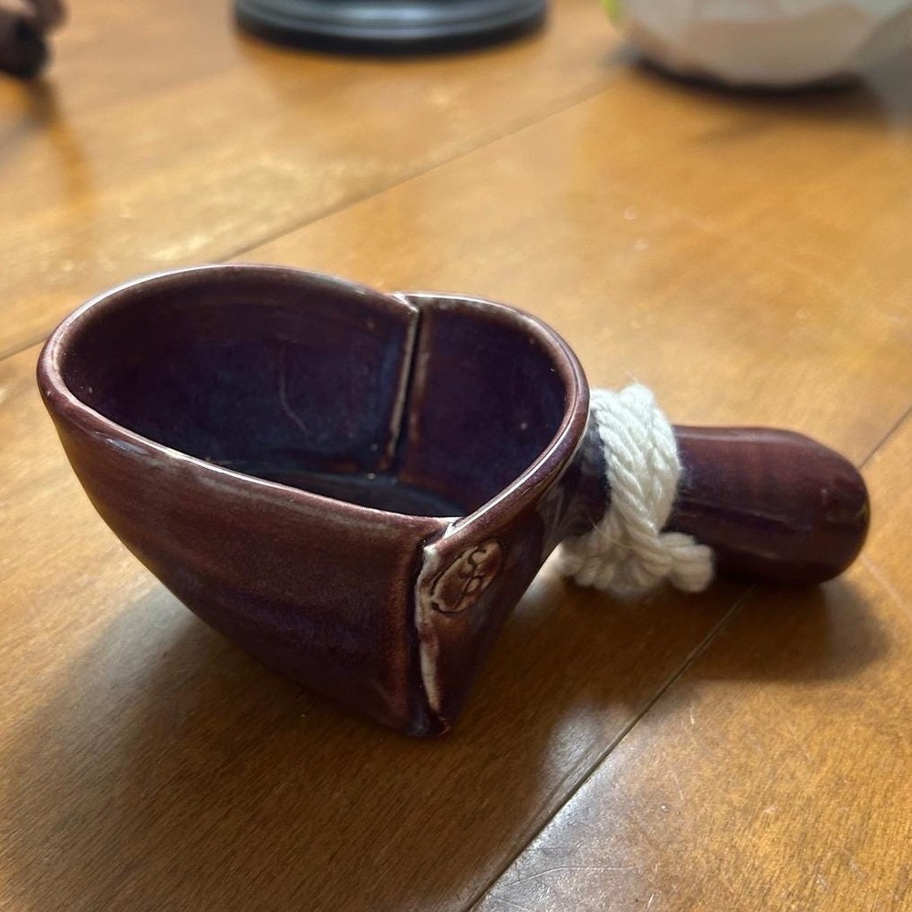 Handmade Studio Pottery Ceramic Scoop Purple Glaze Rope Handle Artisan Decor